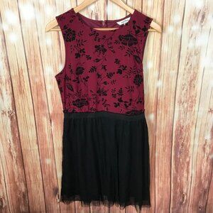 Whimsigoth Sleeveless Dress Red Floral Velvet Black Tulle Skirt Juniors XL New